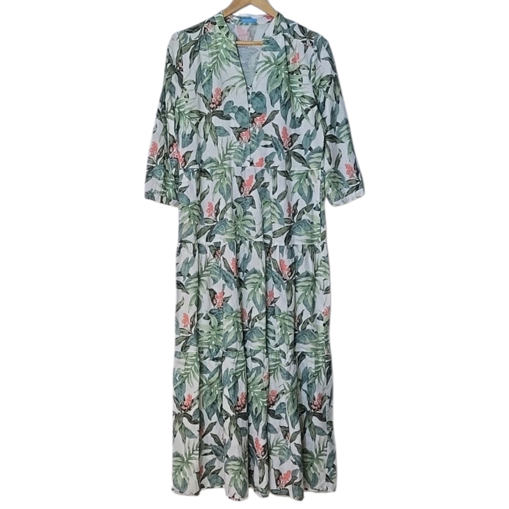 J. McLaughlin Cunningham Palm Print Linen Blend Tiered Shirt Dress M Resort - Picture 3 of 15